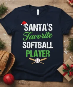 Santa's Favorite Softball Player text with Christmas hat and baseball graphic on a dark navy t-shirt