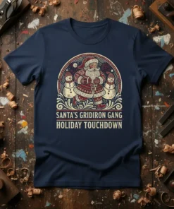 Santa's Gridiron Gang Holiday Touchdown text design with Santa and snowmen playing football