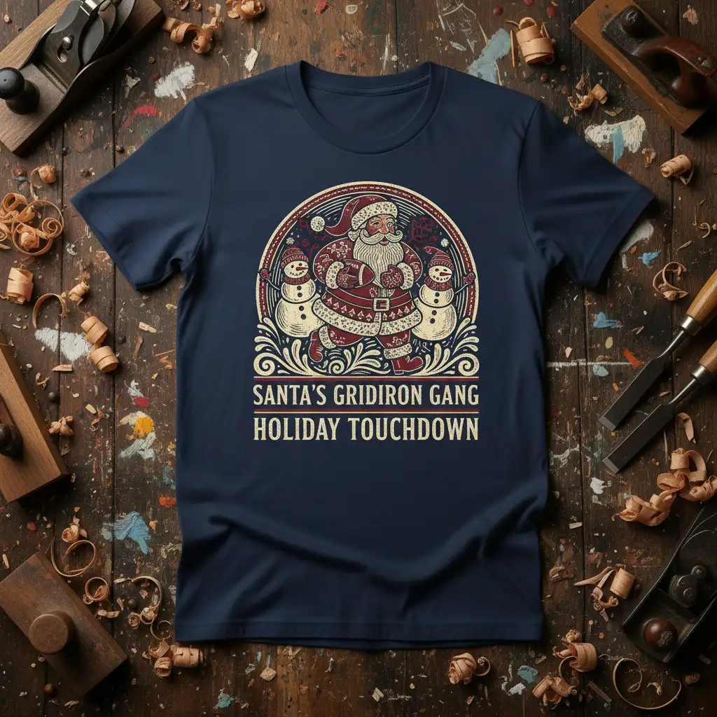 Santa's Gridiron Gang Holiday Touchdown text graphic featuring Santa and snowmen with football