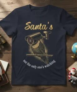 Funny Christmas t-shirt design with text "Santa's Not The Only Ono's Watching" above an owl wearing a security camera as