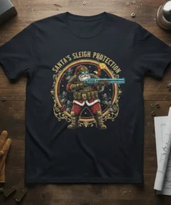 Santa Claus wearing tactical gear and holding a shotgun with text "Santa's Sleigh Protection" on a black t-shirt