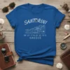 Santorini Greece coordinates t-shirt design with iconic cliffside village illustration and location details