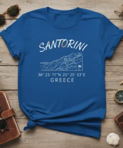 Santorini Greece coordinates t-shirt design with iconic cliffside village illustration and location details