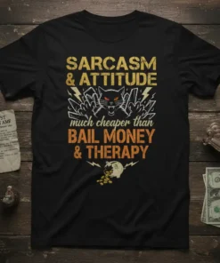 Black t-shirt with bold yellow and orange text: SARCASM & ATTITUDE much cheaper than BAIL MONEY & THERAPY, featuring a