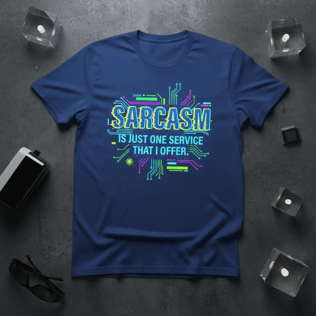 Sarcasm Is Just One Service That I Offer humorous quote on a t-shirt with futuristic circuit board graphics