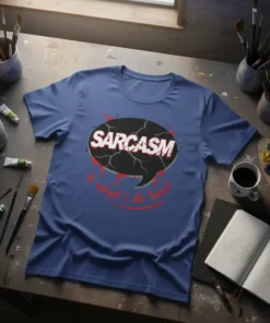 Sarcasm is what I do best quote on a black speech bubble with red dripping accents, printed on a blue