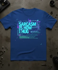 Sarcastic Is How I Hug quote on a blue t-shirt with digital glitch graphics