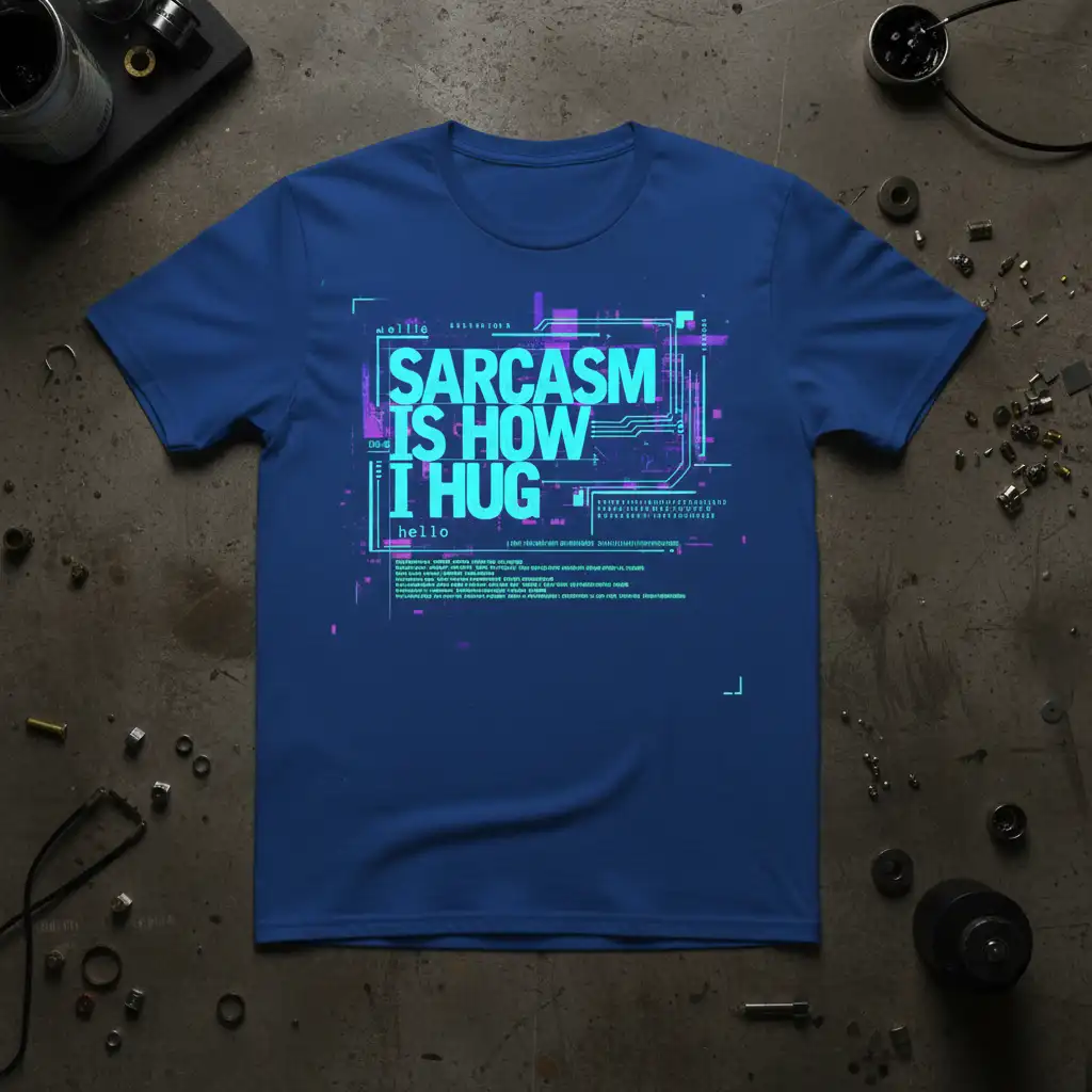 Sarcastic Is How I Hug quote featuring neon-like text and glitch art elements