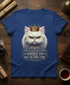 White Persian cat wearing a golden crown with text "There's No Need to Repeat Yourself I Ignored You Fine the