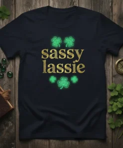 Sassy lassie text in gold glitter font with green glowing shamrocks on a navy t-shirt for St. Patrick's Day