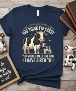 Cow design with text "You Think I'm Sassy You Should Meet The Girl I Gave Birth To" on a navy