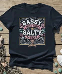 Sassy Since Birth Salty By Choice t-shirt with vintage mermaid design and coral accents