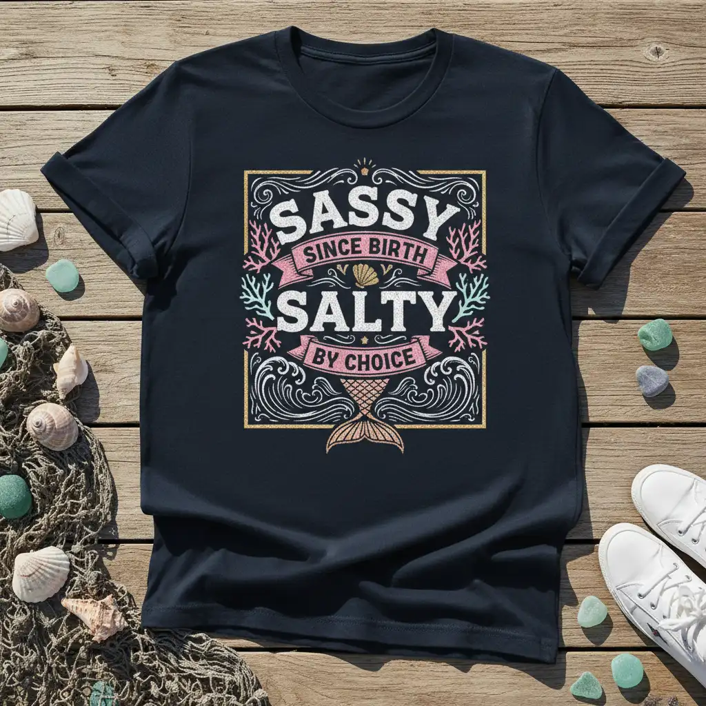 Sassy Since Birth Salty By Choice quote on a navy t-shirt with retro mermaid graphics