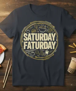 Saturday Faturday T-Shirt with circular graphic of food items like pizza, burgers, and fried chicken