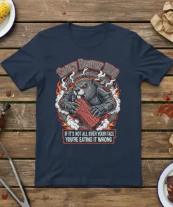 T-shirt design with "Saucy Beaver BBQ" and "IF IT'S NOT ALL OVER YOUR FACE YOU'RE EATING IT WRONG" text, featuring