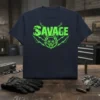 Savage wolf graphic t-shirt with neon green text and a fierce wolf illustration