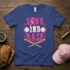 Save 2nd Base text with pink ribbon, baseballs, and bats on a blue t-shirt for breast cancer awareness