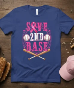 Save 2nd Base text with pink ribbon, baseballs, and bats on a blue t-shirt for breast cancer awareness