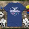 Blue t-shirt with "SAVE GIRLS SPORTS ITS COMMON SENSE XX ≠ XY" text and running female graphic