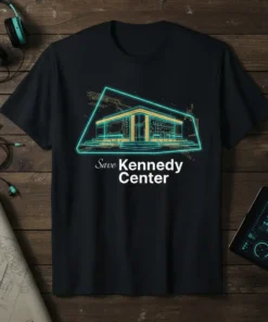 Black t-shirt with neon outline graphic of Kennedy Center and text "Save Kennedy Center"