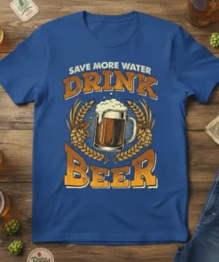 Save More Water Drink Beer t-shirt with a frothy beer mug graphic and wheat accents