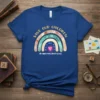 Save Our Children #EndHumanTrafficking awareness t-shirt with a colorful rainbow graphic and pink heart