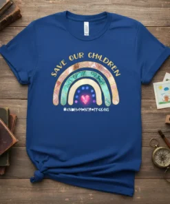 Save Our Children #EndHumanTrafficking awareness t-shirt with a colorful rainbow graphic and pink heart