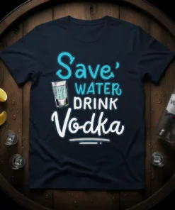 Save' Water Drink Vodka text design on a navy t-shirt with a shot glass graphic