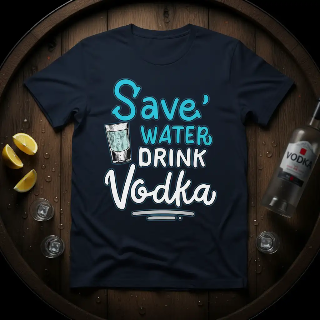 Save' Water Drink Vodka humorous quote design with a shot glass graphic on a dark t-shirt