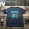 Save Water Shower With Me quote with a graphic of a shower head spraying water, on a navy blue t-shirt