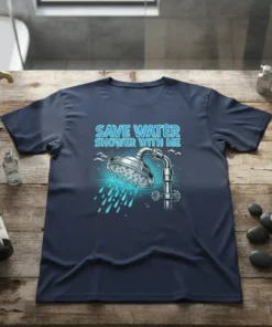 Save Water Shower With Me quote with a graphic of a shower head spraying water, on a navy blue t-shirt