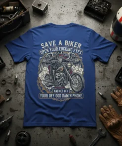 SAVE A BIKER OPEN text design featuring eye-catching typography on quality t-shirt