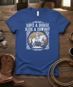 Save A Horse Ride A Cowboy text with a graphic of a cowboy riding a horse, vintage distressed style