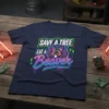 Save a Tree Eat a Beaver quote with a stylized beaver graphic on a navy blue t-shirt