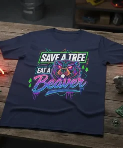 Save a Tree Eat a Beaver quote with a stylized beaver graphic on a navy blue t-shirt