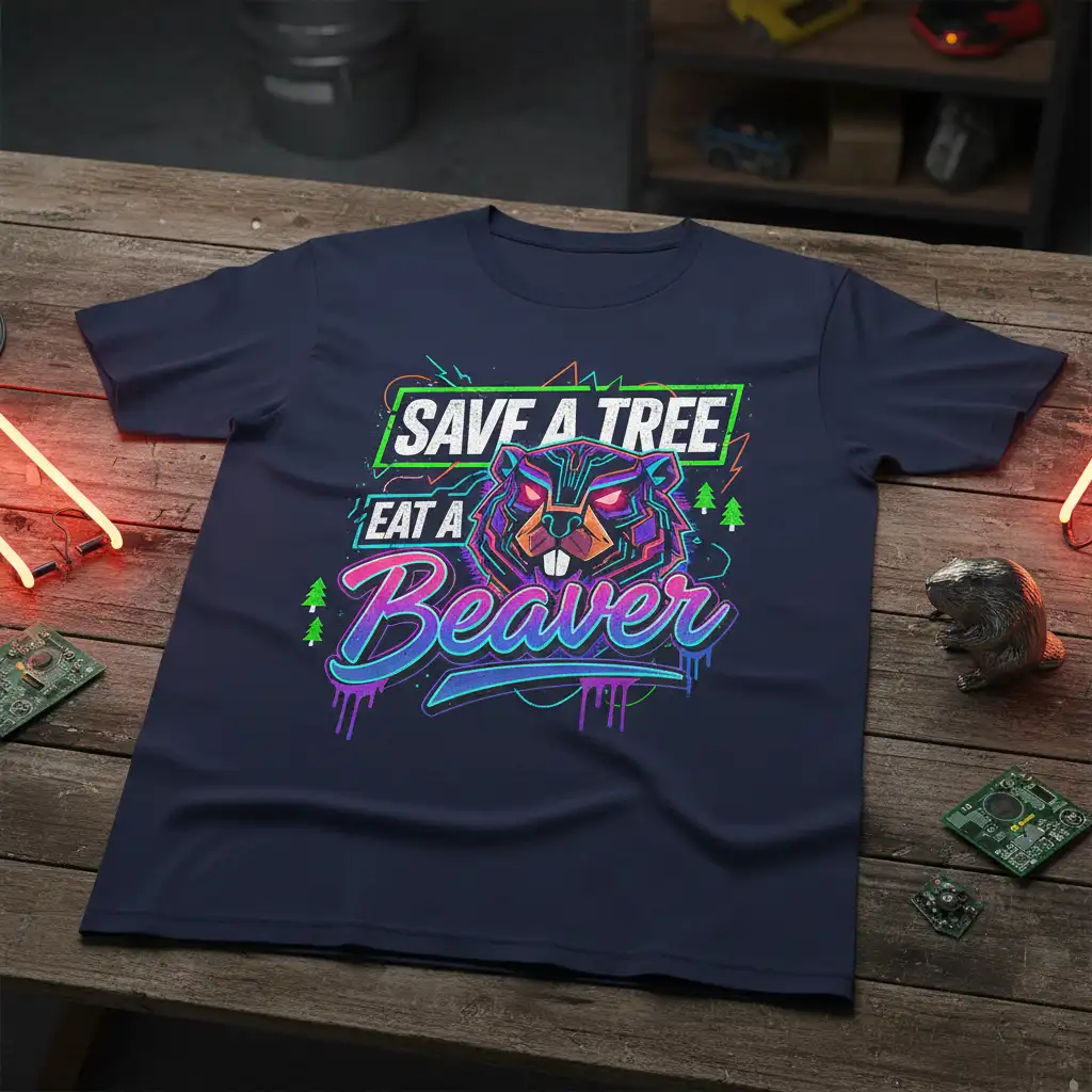Save a Tree Eat a Beaver slogan with geometric beaver graphic on a navy tee