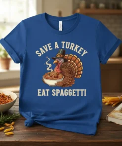 Save A Turkey Eat Spaghetti text with a cartoon turkey holding a bowl of spaghetti, on a blue t-shirt