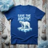 Save The Arctic T-Shirt with a polygonal polar bear on melting ice, blue background, environmental awareness design