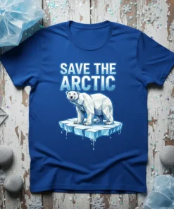 Save The Arctic T-Shirt with a polygonal polar bear on melting ice, blue background, environmental awareness design