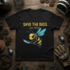 T-shirt with "SAVE THE BEES (or else)" text and a cartoon bee holding a sword