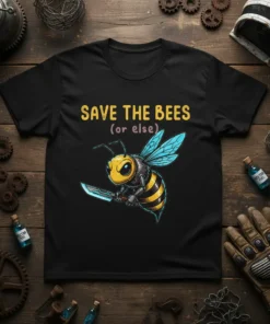 T-shirt with "SAVE THE BEES (or else)" text and a cartoon bee holding a sword