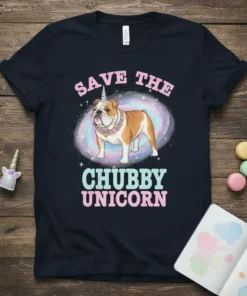 Save The Chubby Unicorn t-shirt design featuring a bulldog with a unicorn horn and a galaxy background