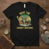 Save The Chubby Unicorns t-shirt design with a retro sunset and a rhinoceros illustration