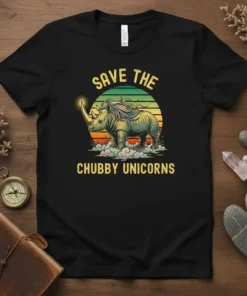 Save The Chubby Unicorns t-shirt design with a retro sunset and a rhinoceros illustration