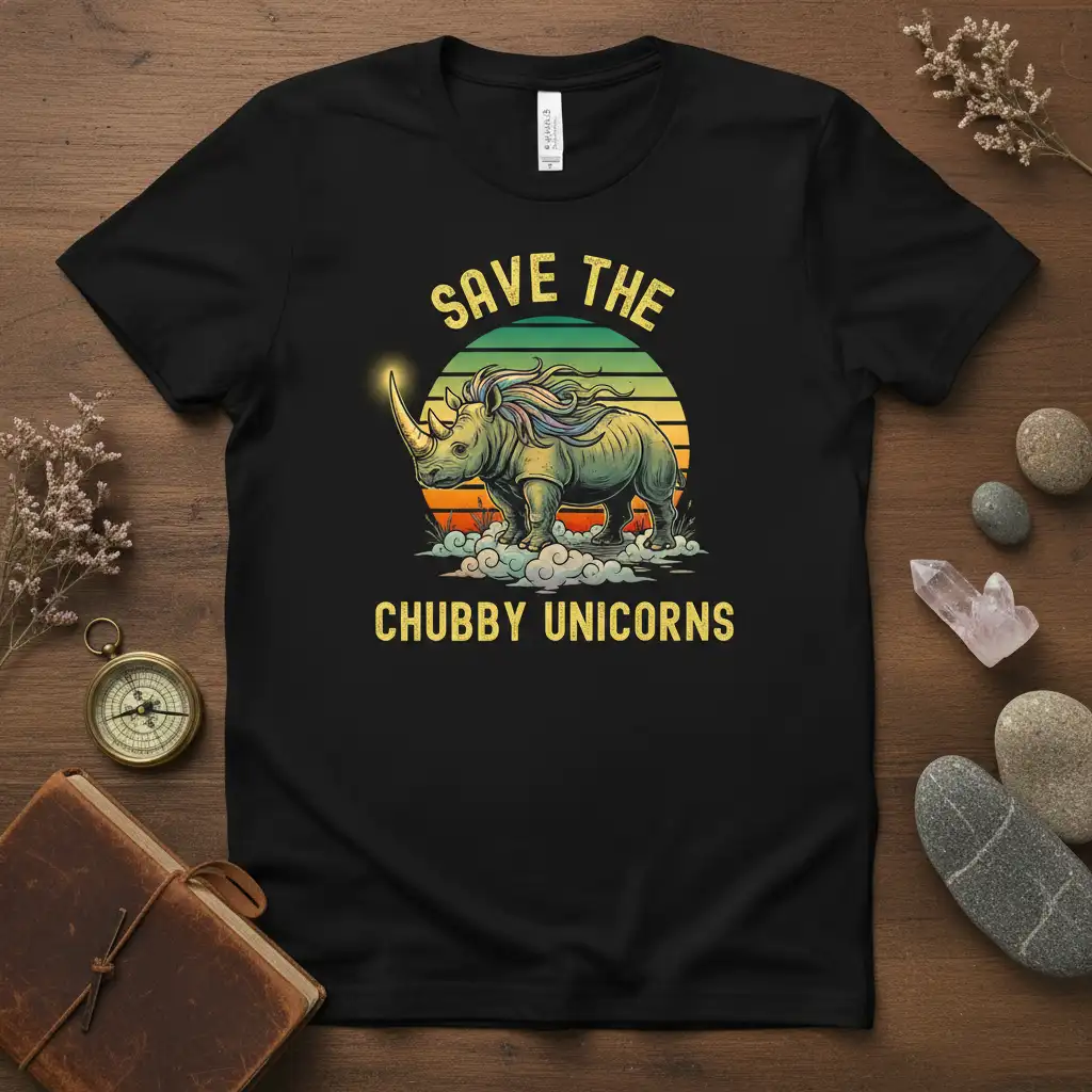 Save The Chubby Unicorns slogan with a retro sunset and rhinoceros graphic on a t-shirt