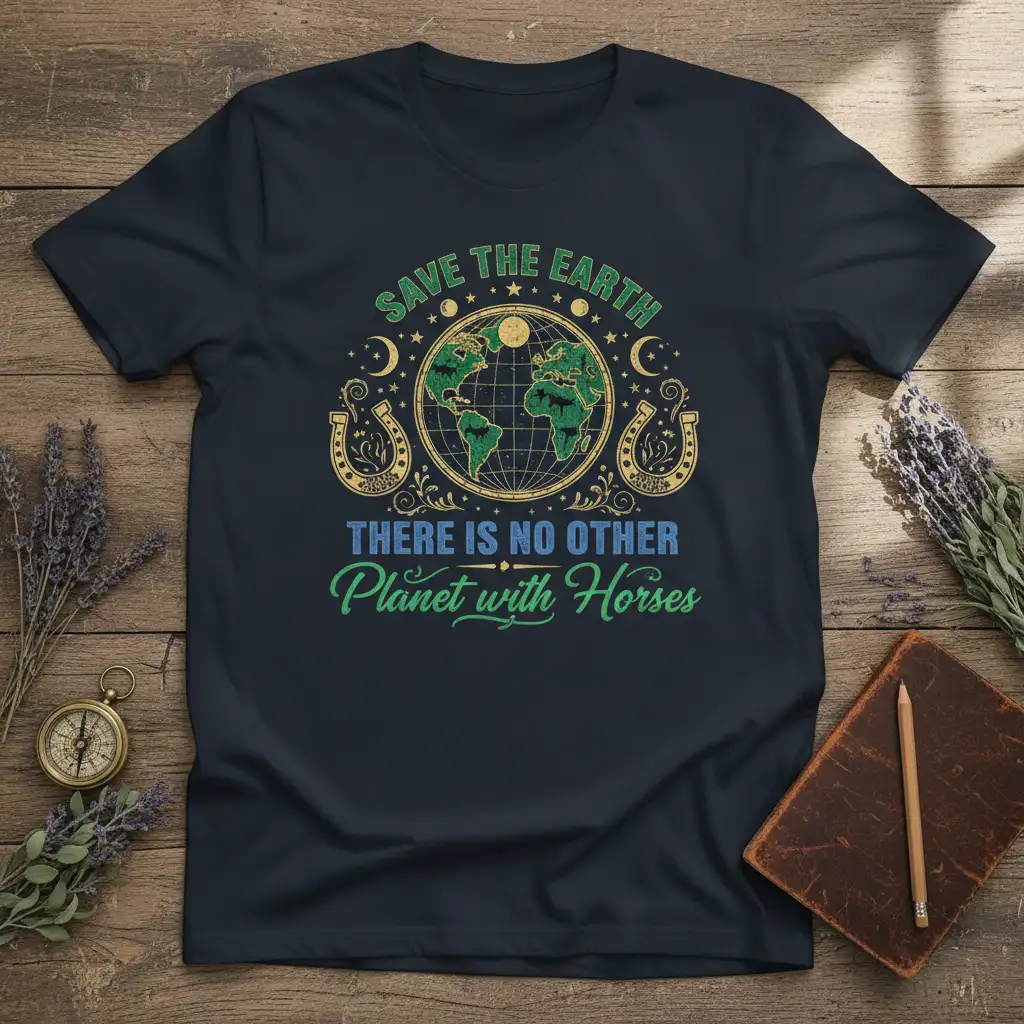 Save the Earth There Is No Other Planet with Horses quote tee with globe and horseshoe graphics