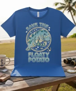 Save The Floaty Potato T-Shirt with a cartoon manatee illustration inside a rope circle, surrounded by hearts and fish