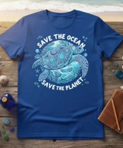 Save The Ocean Save The Planet t-shirt featuring a detailed sea turtle graphic and inspirational environmental message