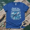 Save The Oceans t-shirt design featuring a whale, shark, sea turtle, and jellyfish in vibrant blue hues