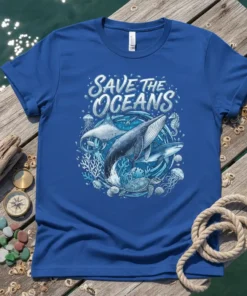 Save The Oceans t-shirt design featuring a whale, shark, sea turtle, and jellyfish in vibrant blue hues